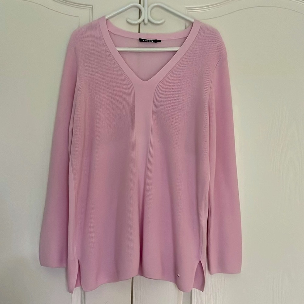 Women's OLSEN Pink Sweater, large lightweight long sleeve classic, v-neck cotton